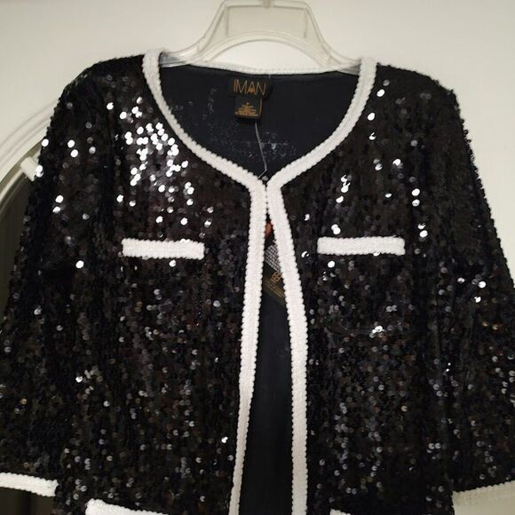 New Iman Black White Trim Sequin 3/4 Sleeve Jacket Size Women's M - Picture 2 of 3